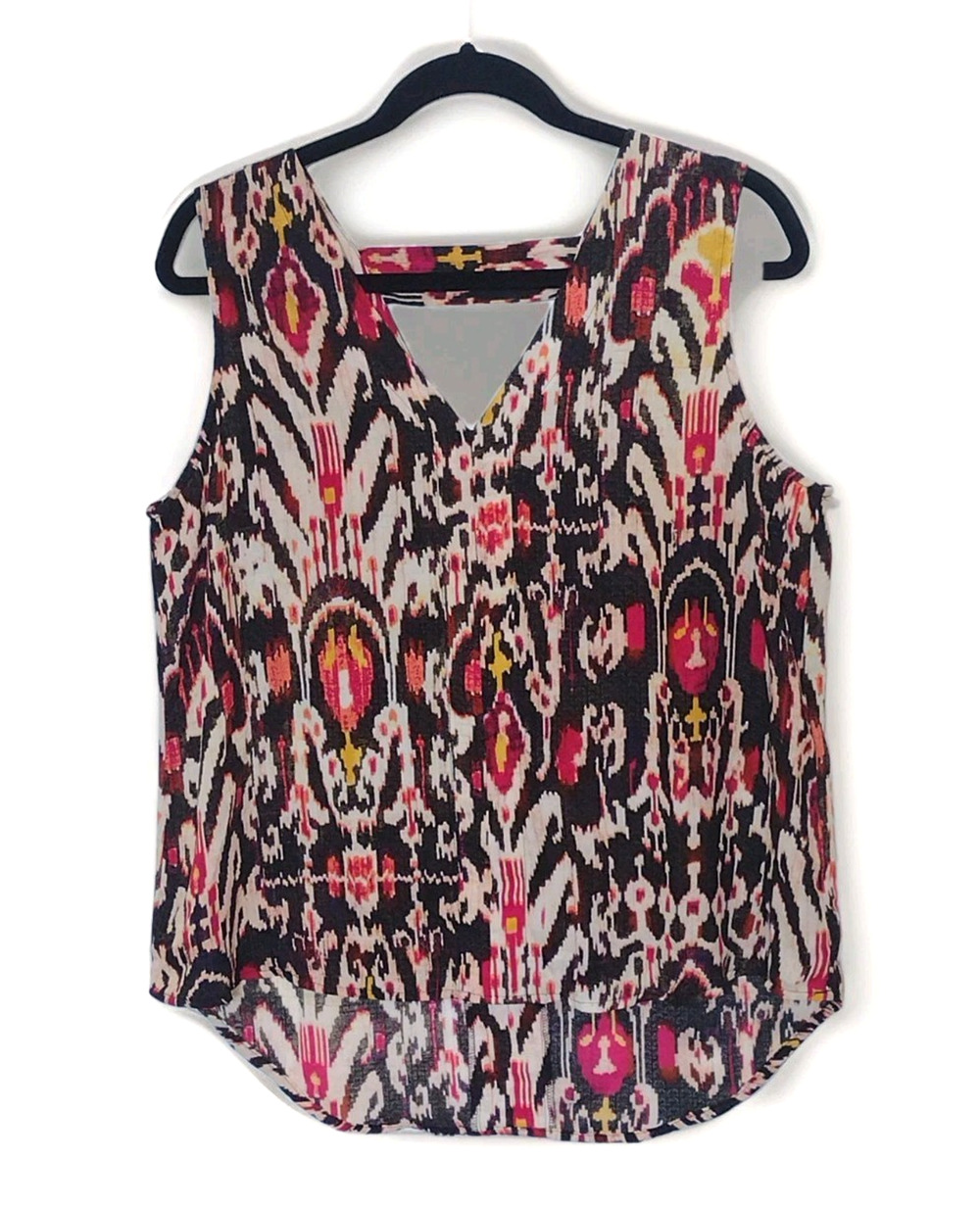 A.N.A. Sleeveless Blouse Womens L Boho Ikat Tribal Print V Neck Tank Pink Black